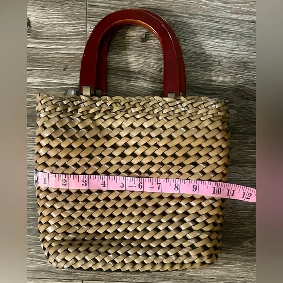 Fossil Vintage Brown  Woven Leather Purse Hand Bag With Wooden Handle Bohemian - Picture 9 of 10